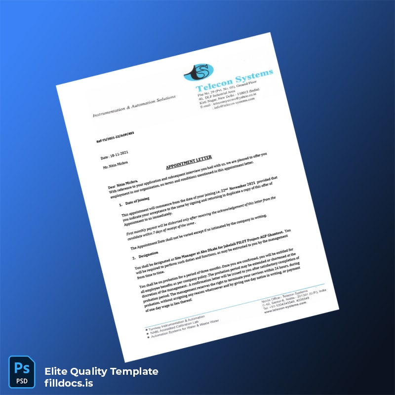 Fillable India Telecon Systems Employment Verification Letter Template - Word/PDF Template Preview - FillDocs