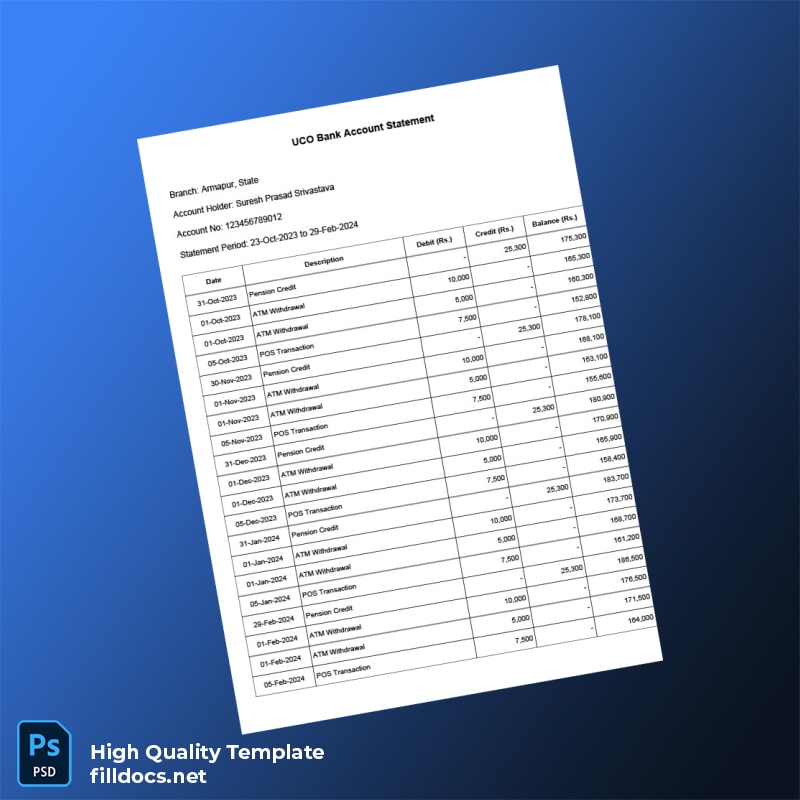 India UCO Bank Statement Template in Word and PDF formats