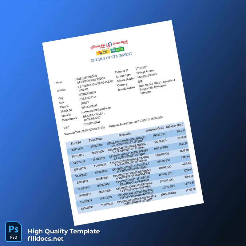 India Union Bank Bank Statement Template in Word and PDF formats