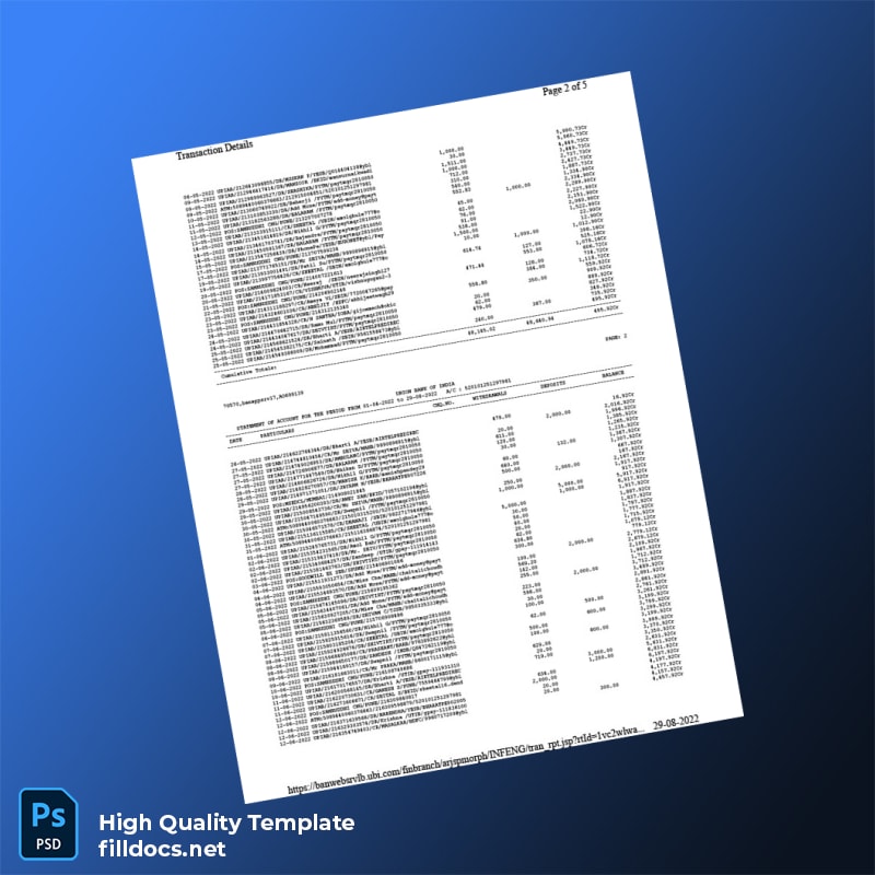 India Union Bank of India Bank Statement Template in Word and PDF formats page 2