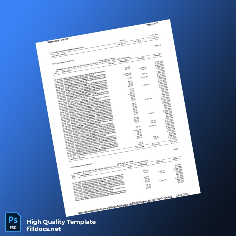 India Union Bank of India Bank Statement Template in Word and PDF formats page 3