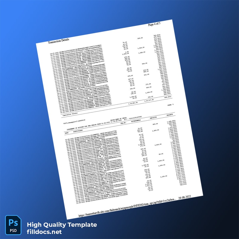 India Union Bank of India Bank Statement Template in Word and PDF formats page 4