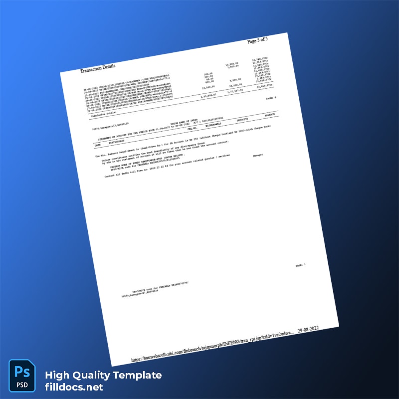 India Union Bank of India Bank Statement Template in Word and PDF formats page 5