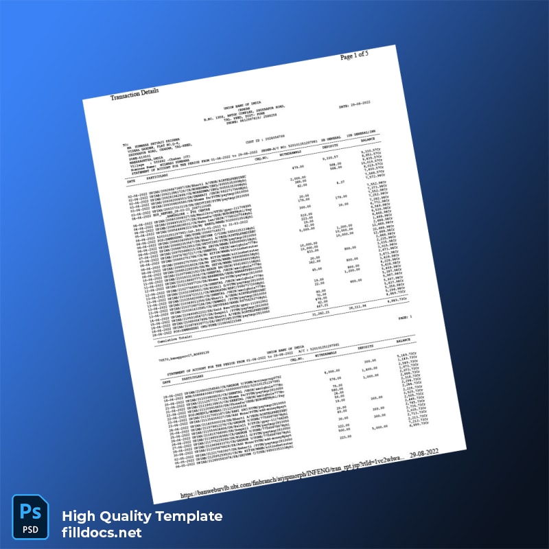 India Union Bank of India Bank Statement Template in Word and PDF formats