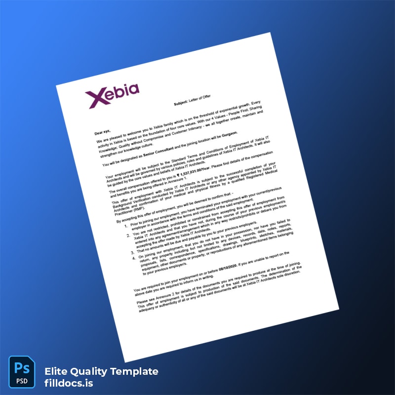 Fillable India Xebia IT Employment Verification Letter Template - Word/PDF Template Preview - FillDocs