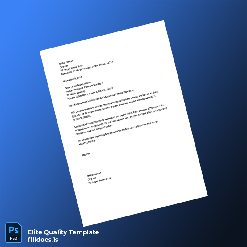 Fillable Indonesia PT Negeri Kolam Susu Employment Verification Letter Template - Word/PDF Template Preview - FillDocs