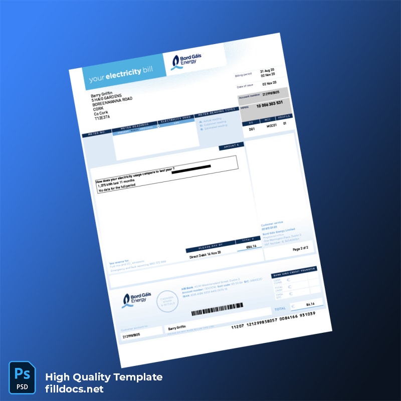 Ireland Bord G Is Energy Editable Electricity Bill Template in Word and PDF formats page 2