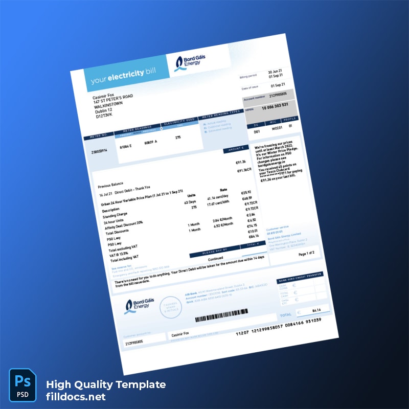 Ireland Bord G Is Energy Editable Electricity Bill Template in Word and PDF formats