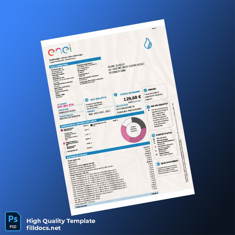 Italy City Gas Editable Utility Bill Template in Word and PDF formats