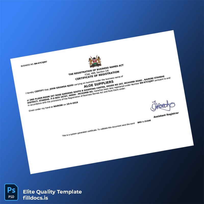 Fillable Kenya Assistant Registrar Business Registration Certificate Template - Word/PDF Template Preview
