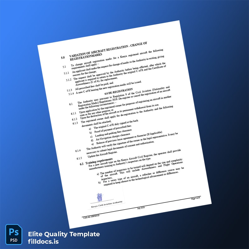 Kenya CAA Aircraft Registration Certificate Template in Word and PDF formats page 4