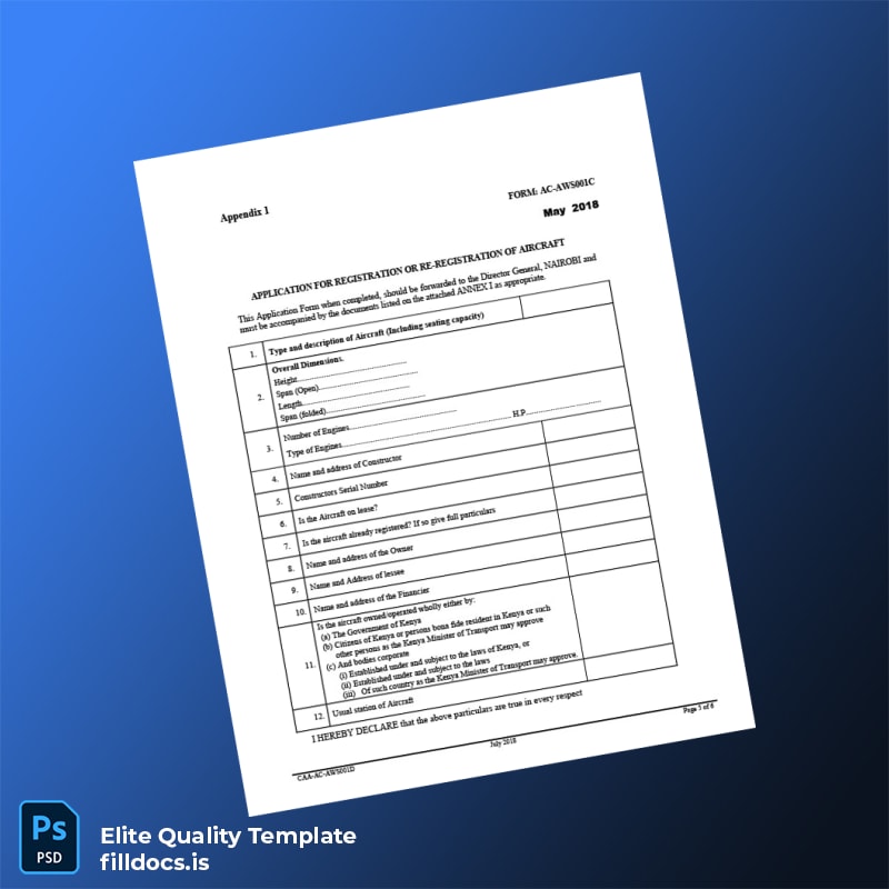Kenya CAA Aircraft Registration Certificate Template in Word and PDF formats page 5