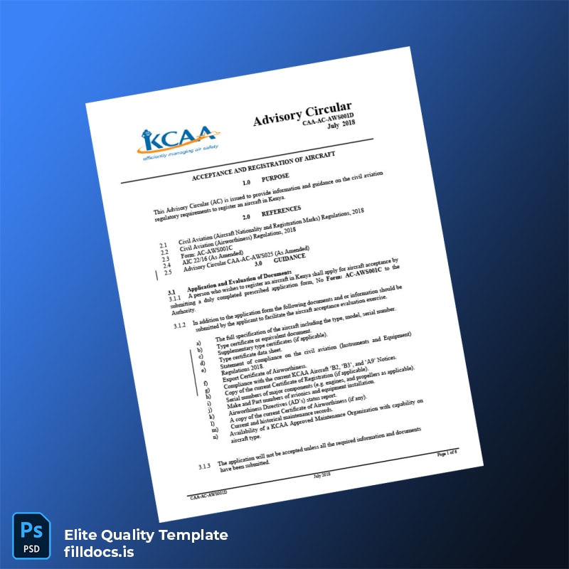 Fillable Kenya CAA Aircraft Registration Certificate Template - Word/PDF Template Preview
