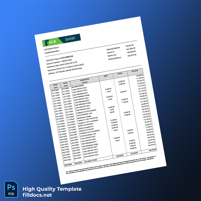Kenya KCB Bank Statement Template in Word and PDF formats
