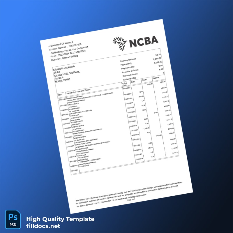 Kenya NCBA Bank Statement Template in Word and PDF formats