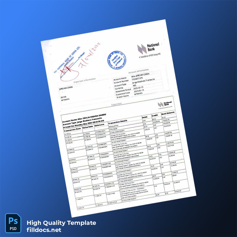 Kenya National Bank Account Statement Template in Word and PDF formats