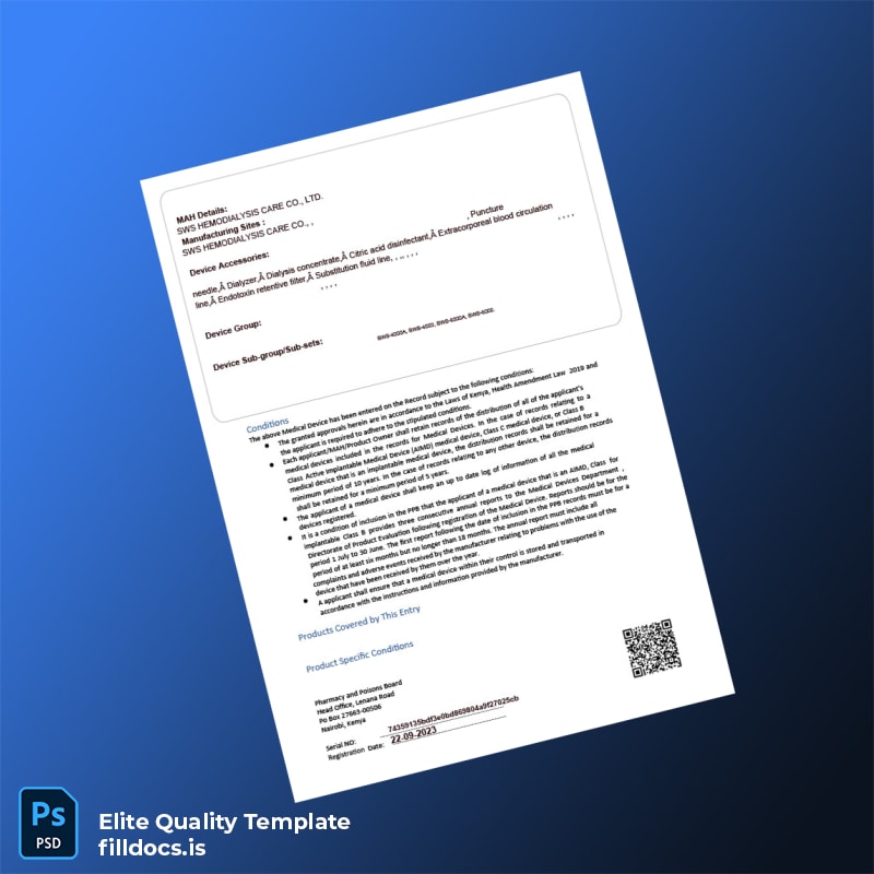 Fillable Kenya Pharmacy and Poisons Board Medical Device Registration Certificate Template in Word and PDF formats page 2 Page Preview - FillDocs