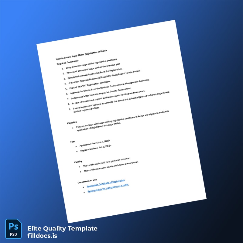 Fillable Kenya Sugar Miller Registration Renewal Certificate Template - Word/PDF Template Preview