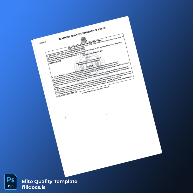 Fillable Kenya Teachers Service Commission Certificate of Registration Template - Word/PDF Template Preview - FillDocs