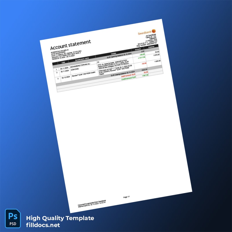 Latvia Swedbank Bank Statement Template in Word and PDF formats