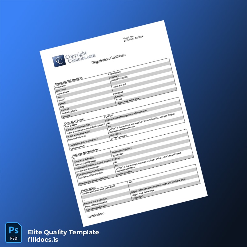 Fillable Libyan Arab Jamahiriya Copyright Registration Certificate Template - Word/PDF Template Preview - FillDocs