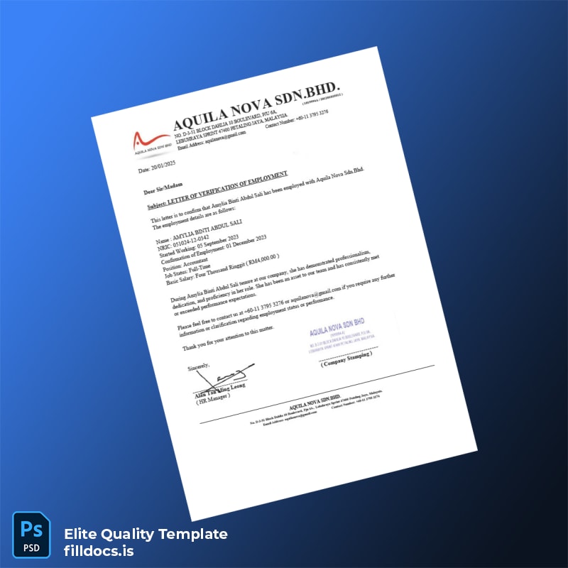 Fillable Malaysia Aquila Nova Sdn Bhd Employment Verification Letter Template - Word/PDF Template Preview - FillDocs