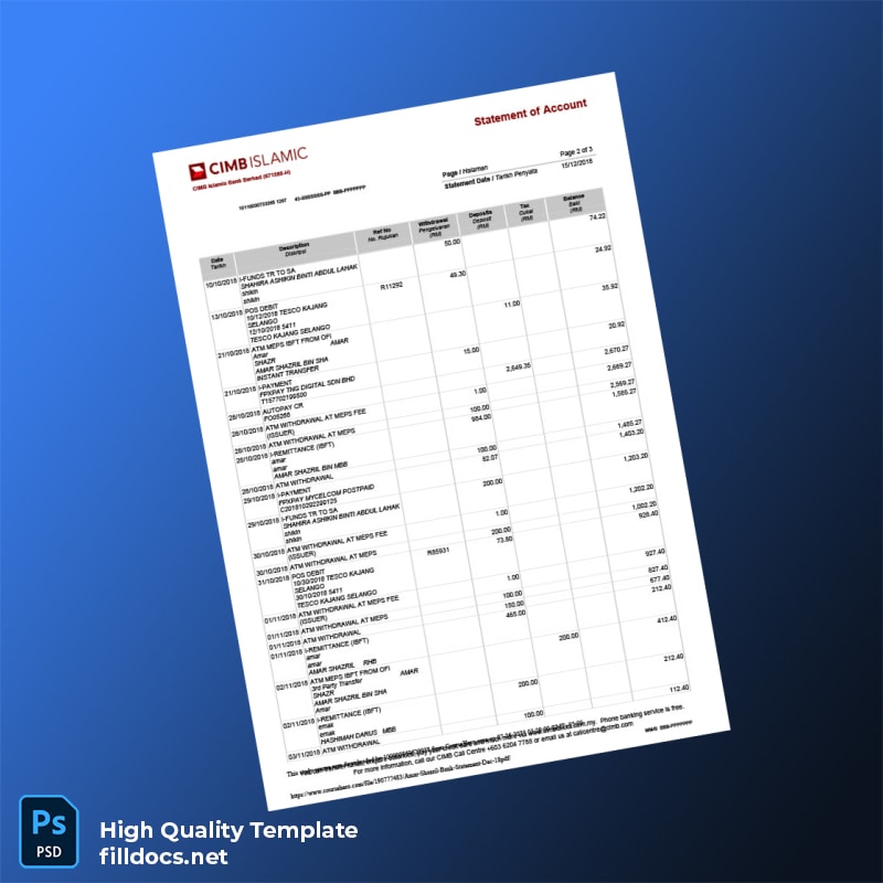 Malaysia Bank Islam Bank Statement Template in Word and PDF formats page 2
