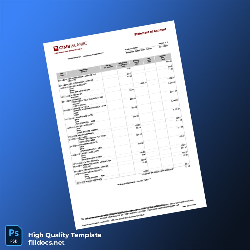 Malaysia Bank Islam Bank Statement Template in Word and PDF formats page 3