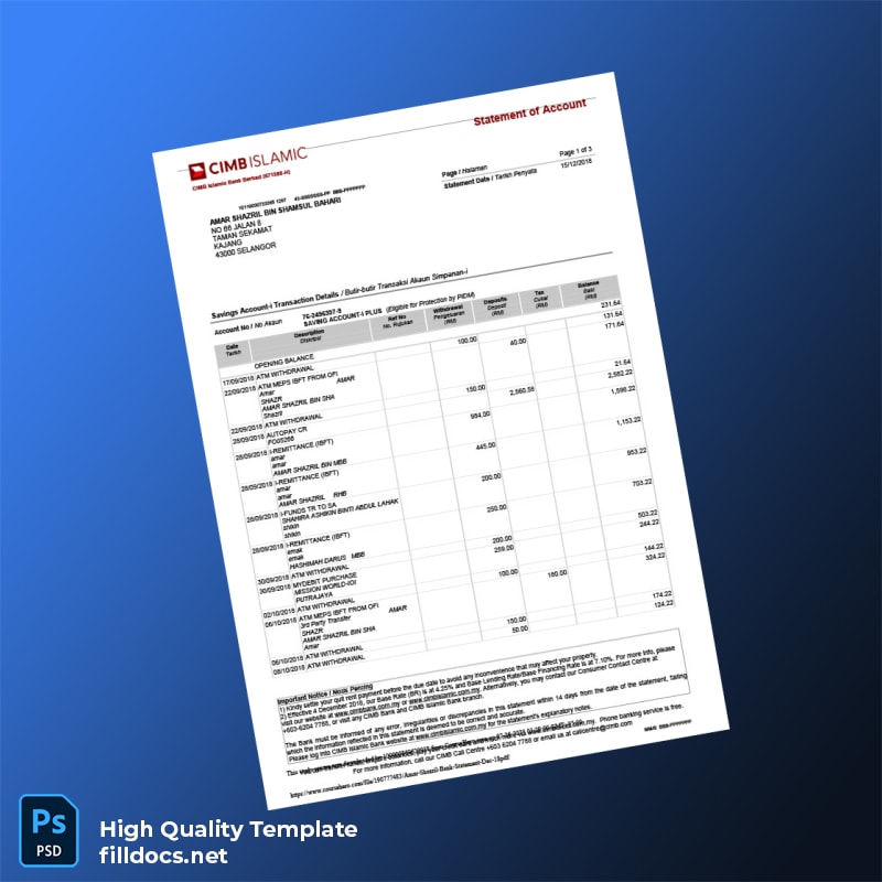 Malaysia Bank Islam Bank Statement Template in Word and PDF formats