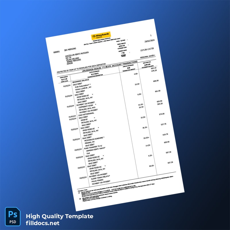 Malaysia Bank MBB Statement Template in Word and PDF formats