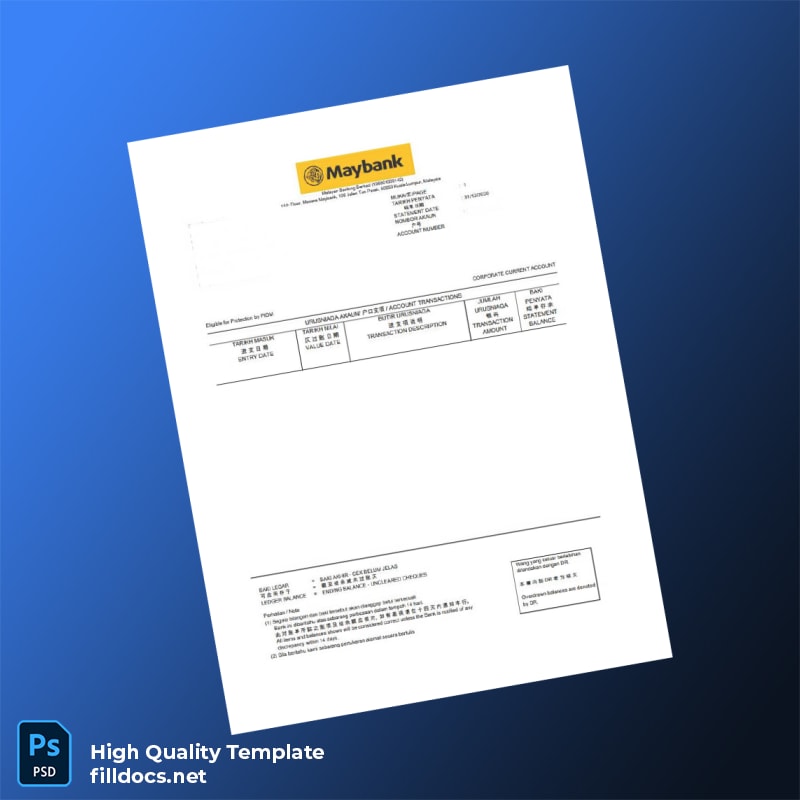 Malaysia Corporate Current Account Statement Template in Word and PDF formats
