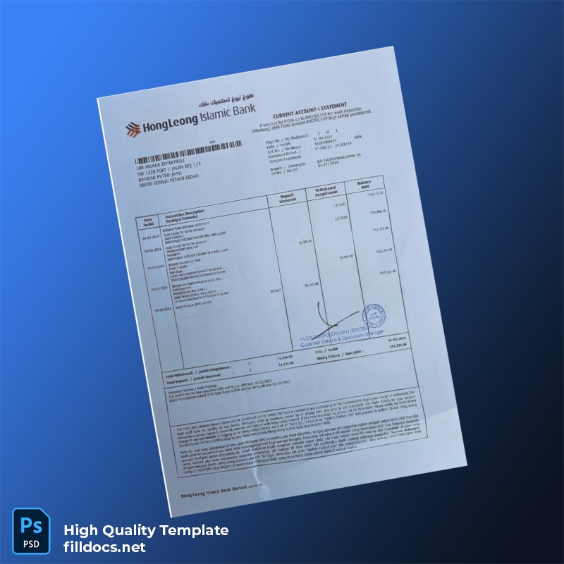 Malaysia Hong Leong Islamic Bank Berhad Bank Statement Template in Word and PDF formats page 2