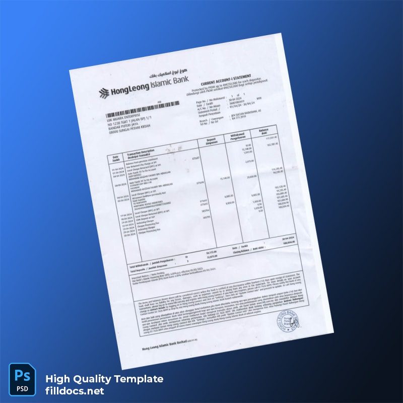 Malaysia Hong Leong Islamic Bank Berhad Bank Statement Template in Word and PDF formats page 3