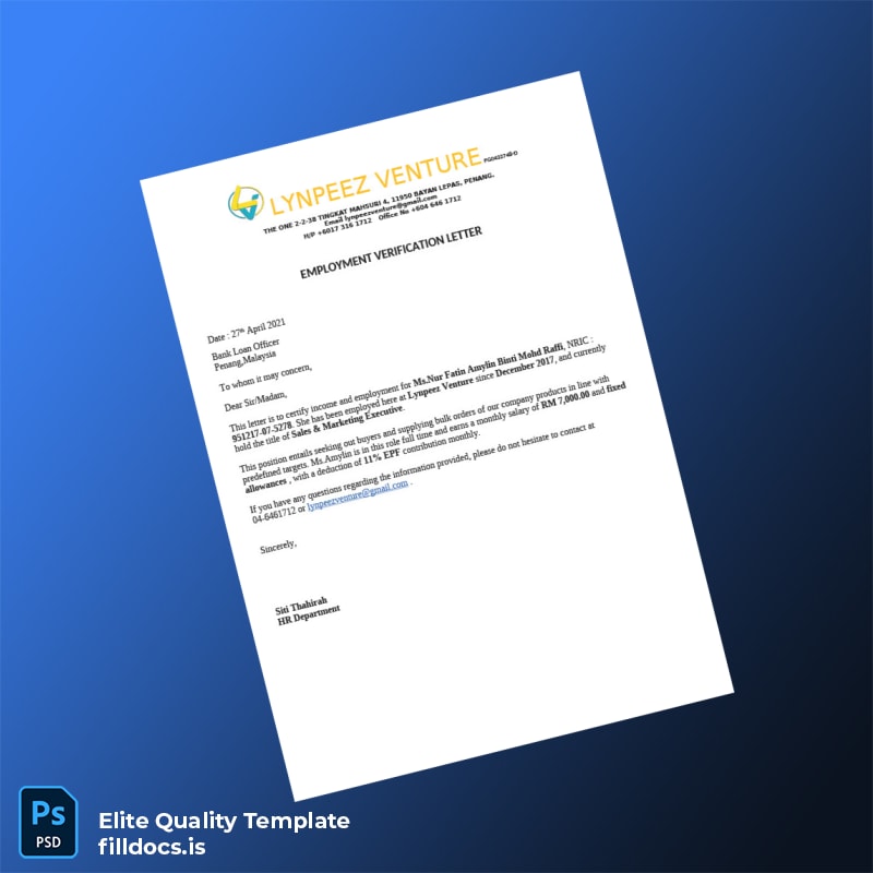 Fillable Malaysia Lynpeez Venture Employment Verification Letter Template - Word/PDF Template Preview - FillDocs