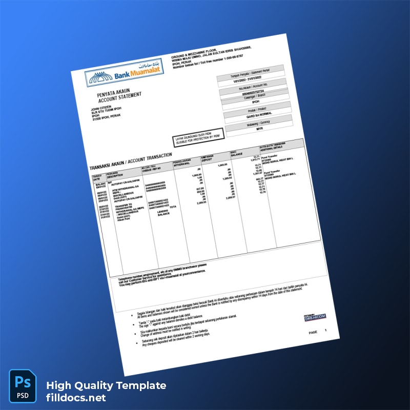 Malaysia Meamulat Bank Statement Template in Word and PDF formats