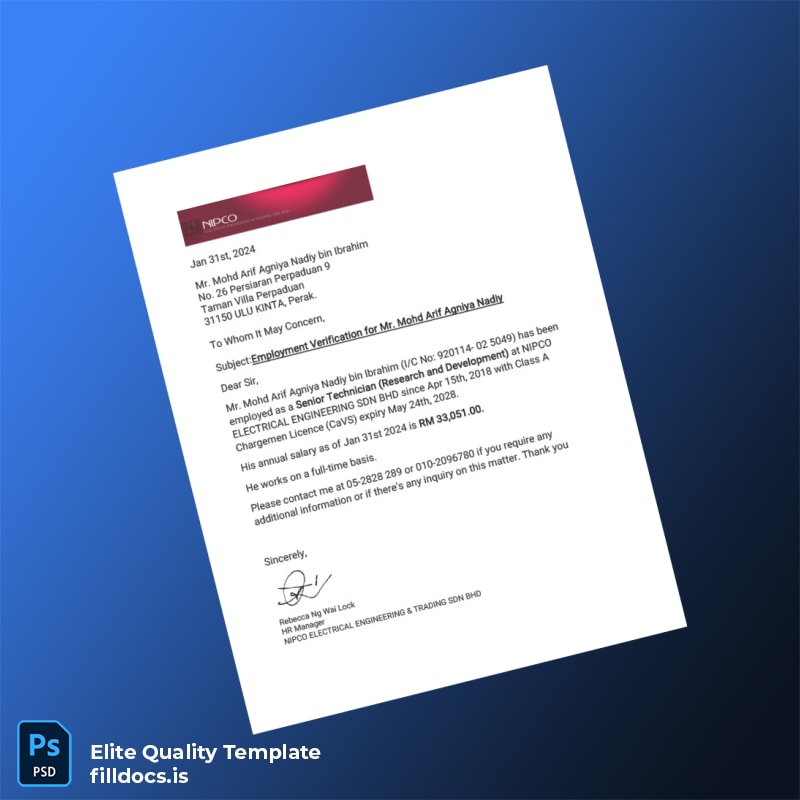 Fillable Malaysia NIPCO ELECTRICAL ENGINEERING SDN BHD Employment Verification Letter Template - Word/PDF Template Preview - FillDocs