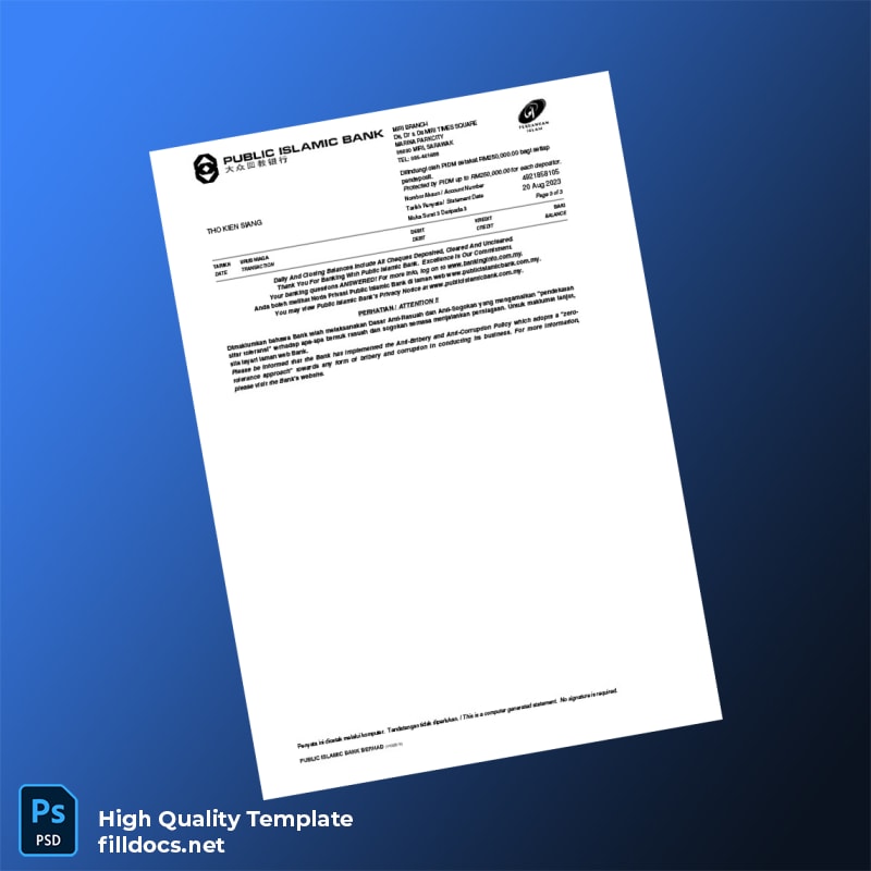 Malaysia Public Islamic Bank Berhad Bank Statement Template in Word and PDF formats page 3
