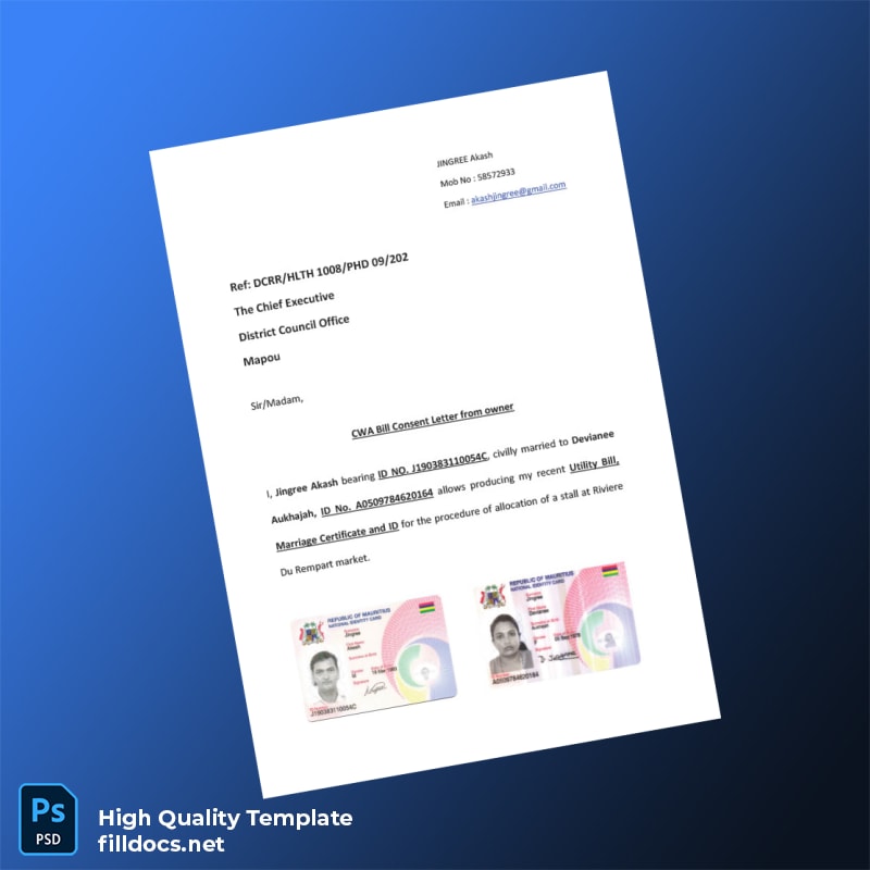Mauritius District Council Office Mapou Editable CWA Bill Consent Letter Template in Word and PDF formats