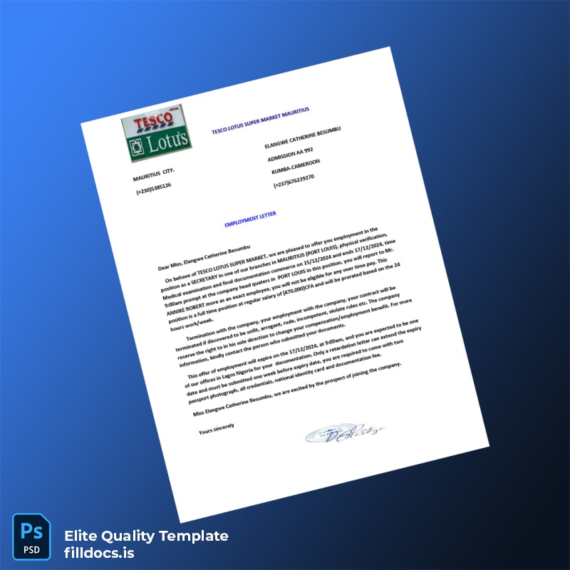 Fillable Mauritius TESCO LOTUS SUPER MARKET Employment Verification Letter Template - Word/PDF Template Preview - FillDocs