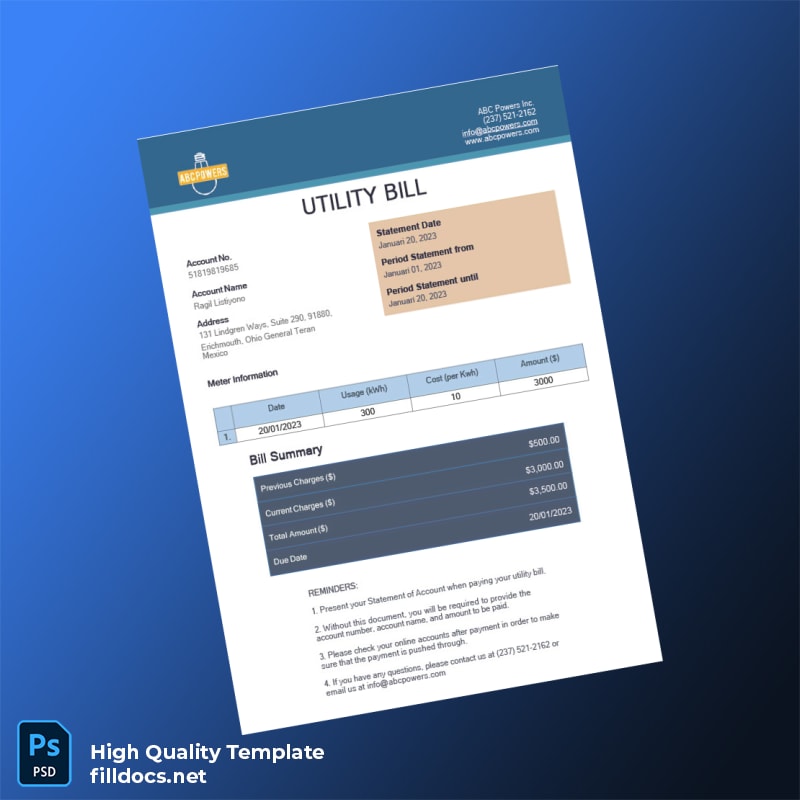 Mexico ABC Powers Inc Editable Electricity Bill Template in Word and PDF formats