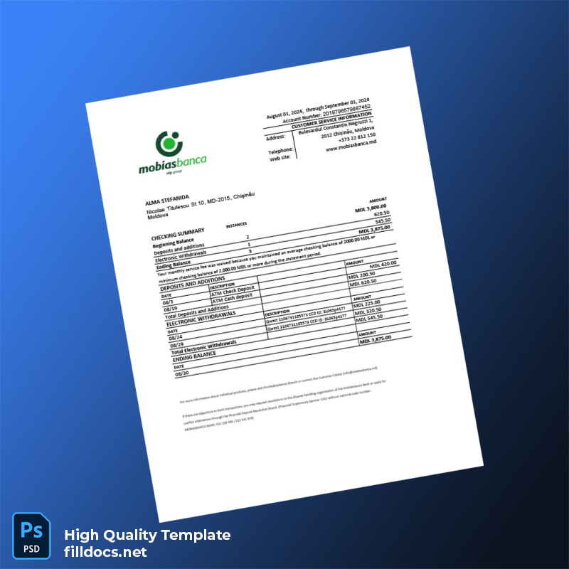 Moldova MOBIAS Bank Statement Template in Word and PDF formats