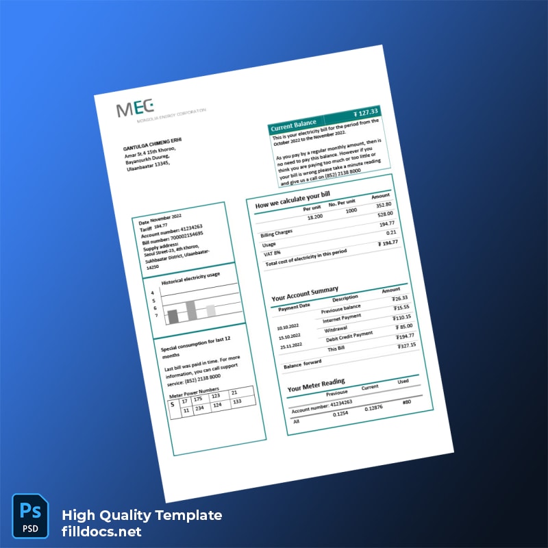 Mongolia Mongolia Energy Corporation Editable Electricity Bill Template in Word and PDF formats