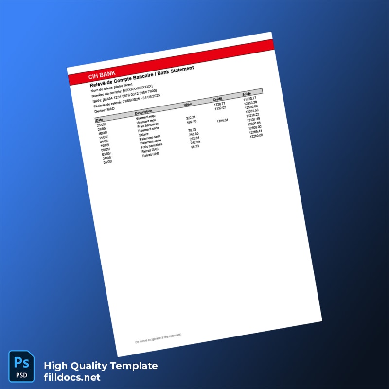 Morocco CIH Bank Statement Template in Word and PDF formats