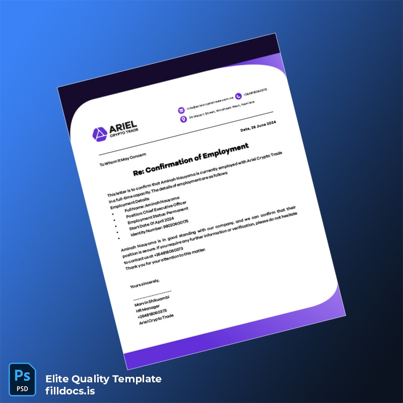 Fillable Namibia Ariel Crypto Trade Employment Verification Letter Template - Word/PDF Template Preview - FillDocs