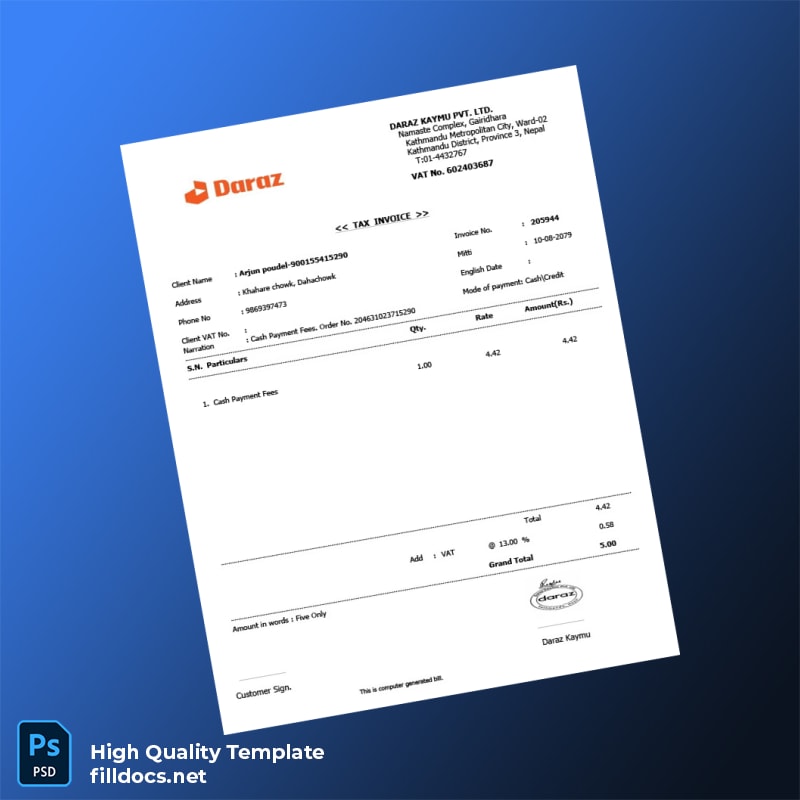 Nepal Daraz Kaymu Editable Utility Bill Template in Word and PDF formats