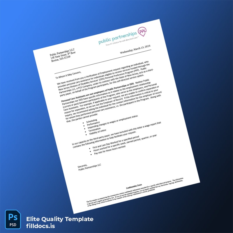 Fillable New Jersey Public Partnerships LLC Employment Verification Letter Template - Word/PDF Template Preview - FillDocs