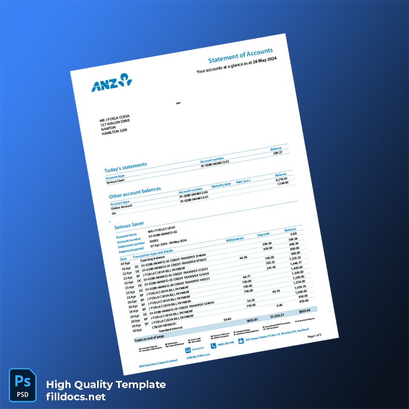 New Zealand ANZ Bank Statement Template in Word and PDF formats