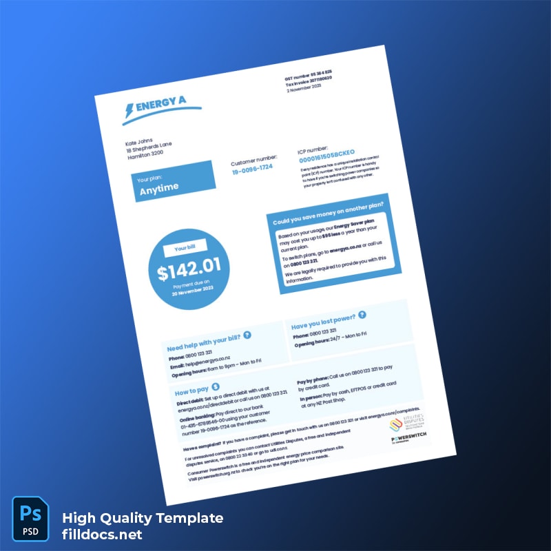 New Zealand EnergyA Editable Electricity Bill Template in Word and PDF formats