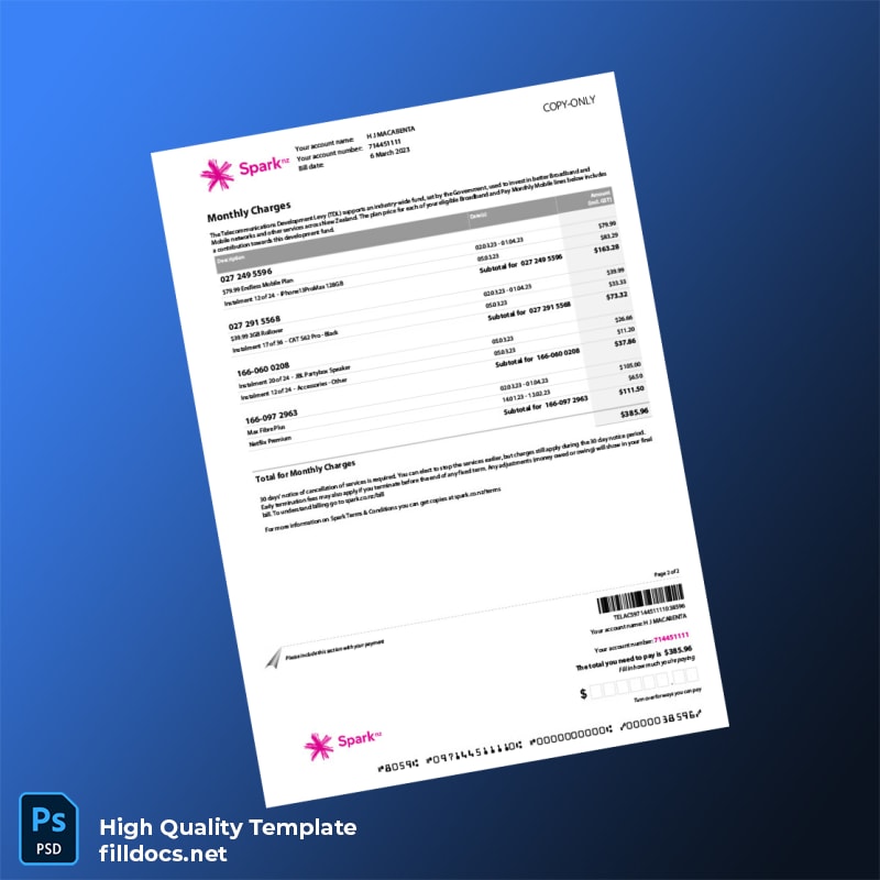 New Zealand Spark New Zealand Trading Ltd Editable Billing Summary Template in Word and PDF formats page 2