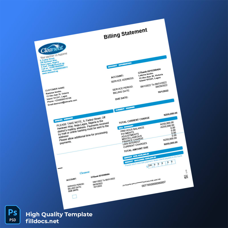Nigeria Cleaneat Editable Utility Bill Template in Word and PDF formats